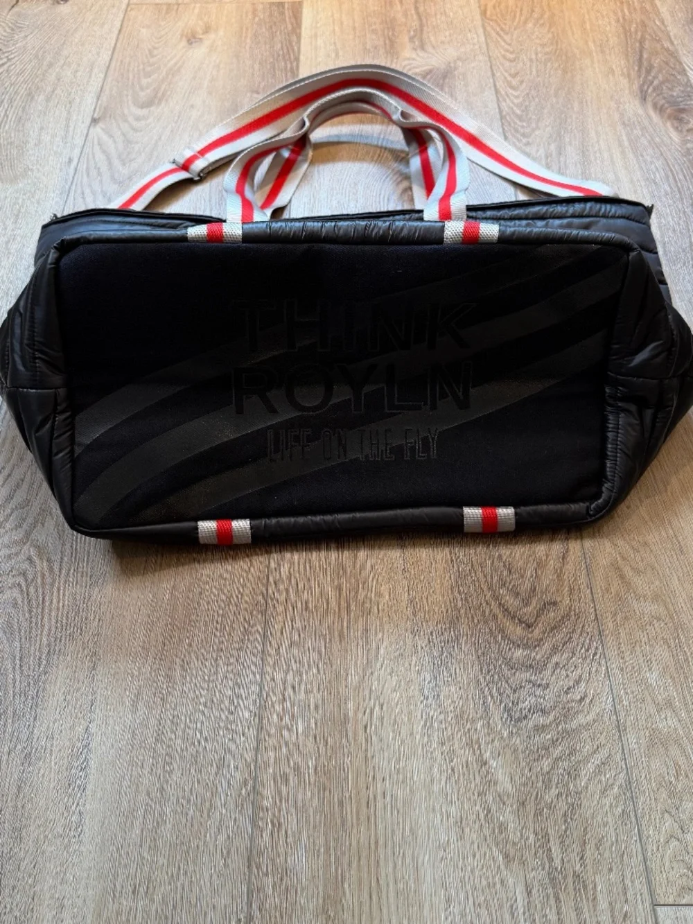 Think Royln Wingman Quilted Puffer Tote Black Red Silver Stripe